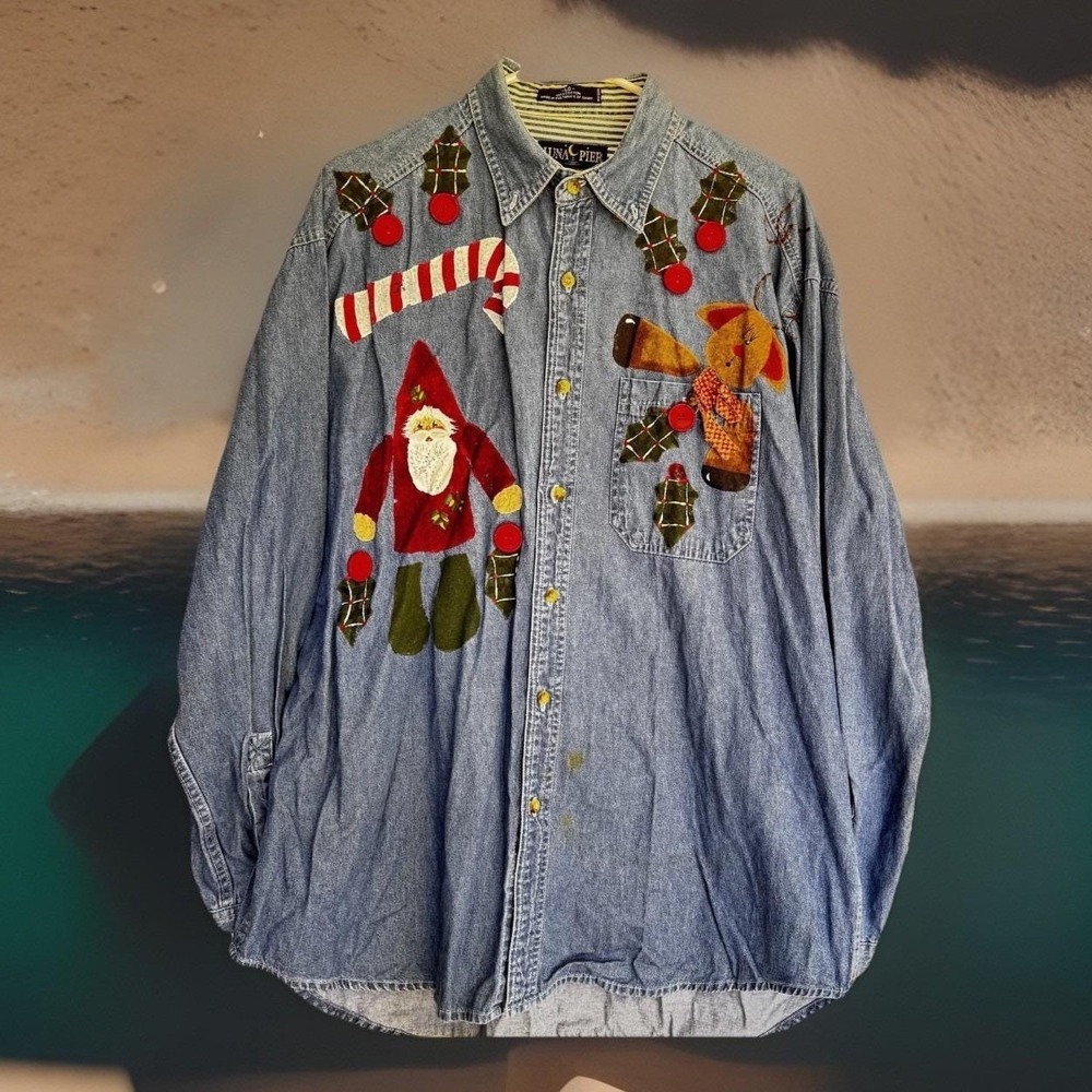 VTG Y2K Handmade Luna Pier Sz L URGLY Denim Shirt Embroidered‎ Christmas Theme